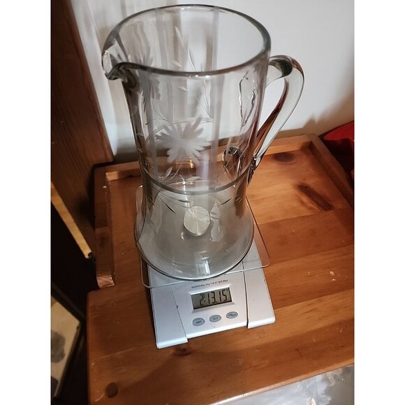 Vintage Glass Clear Pitcher Floral etched Silver Accent Heavy - Picture 12 of 12